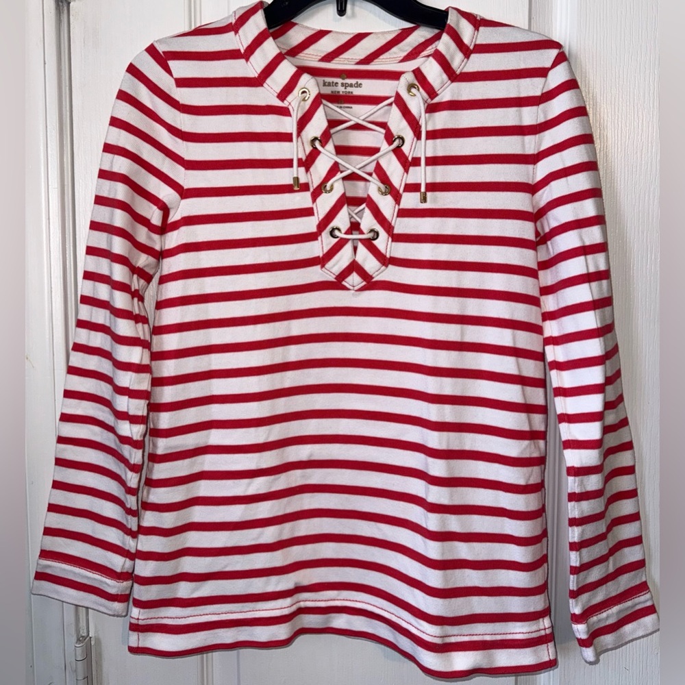 Kate Spade Red & White Striped Lace-Up Long Sleeve Top 100% Cotton XS